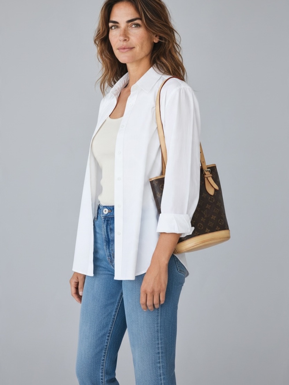 Louis Vuitton Monogram Bucket Shoulder Bag with Natural Vachetta